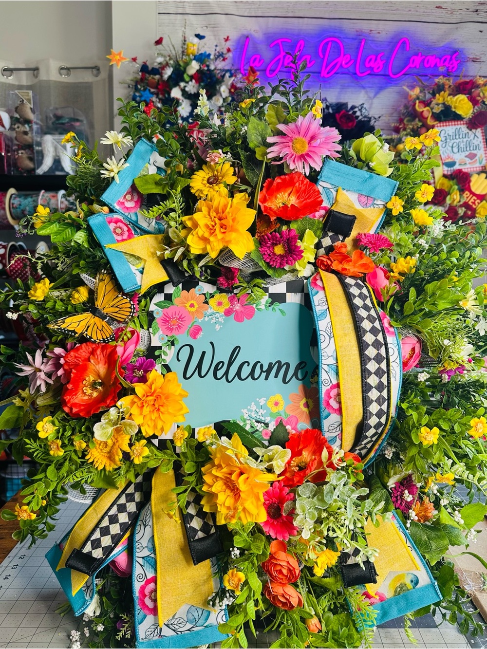 Handmade Welcome Floral Spring & Summer  Wreath with Turquoise Sign
